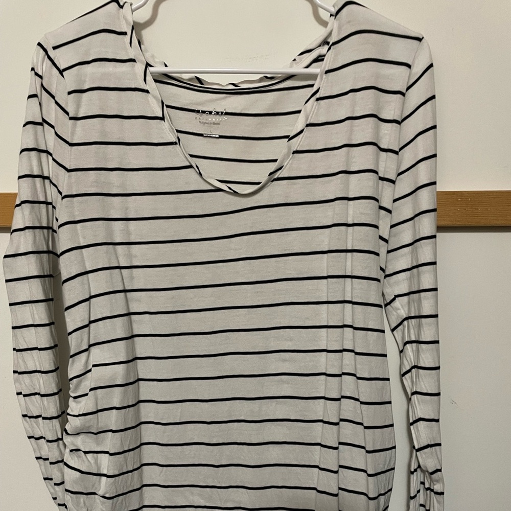 Isabel Maternity White Striped Ruffle side Long Sleeved Shirt
